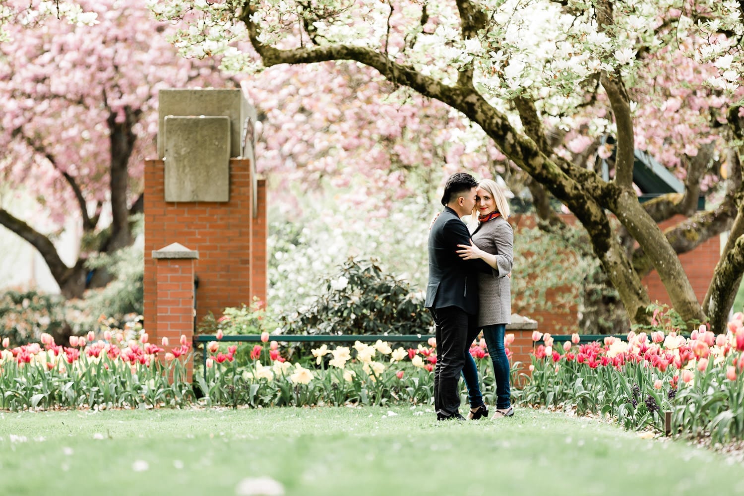 engaged couple standing under cherry blossoms holding hands, photographed by wedding photographer